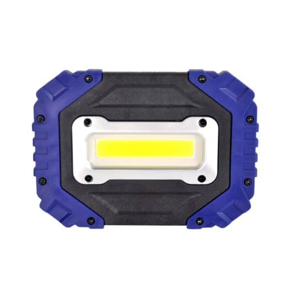A black rectangular LED work light with blue corners and a central yellow strip.