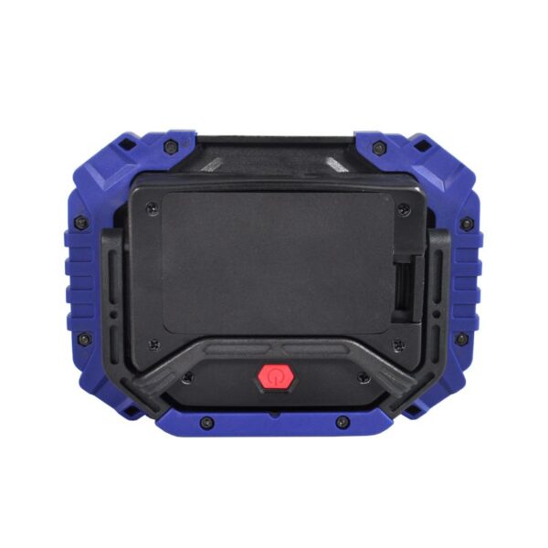 Portable blue and black LED floodlight with handle, stand, and red power button.