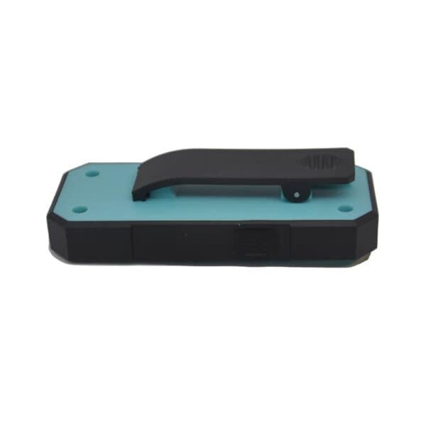 A teal and black rectangular clip-on light with a plastic clip on top, viewed from the side.