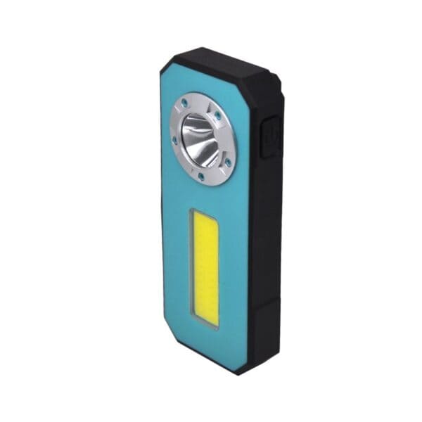 A small blue-front rectangular flashlight with a circular top light, yellow strip below, and black sides and back.