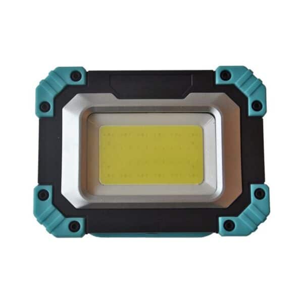 A rectangular LED work light with a black and teal frame and a yellow center panel.