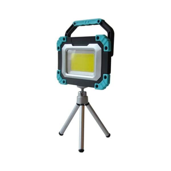 A blue and black handled portable LED work light on a small silver tripod.