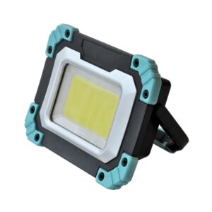 A rugged portable LED work light with black, white, and teal accents, plus a carrying handle.