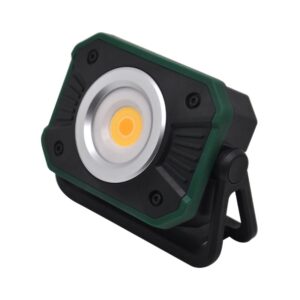 A black and green LED work light with a central yellow circle, mounted on an adjustable black stand.