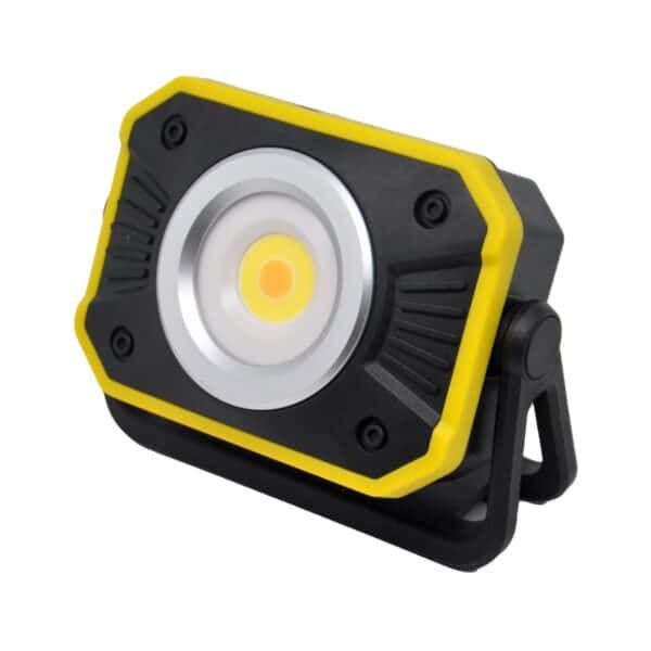 Portable LED work light with black/yellow casing, central round light, and pivoting stand.