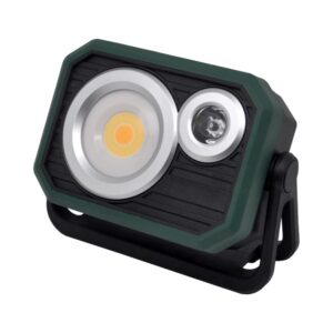 Rectangular work light with two circular LEDs, in a black and green casing, on an adjustable stand.
