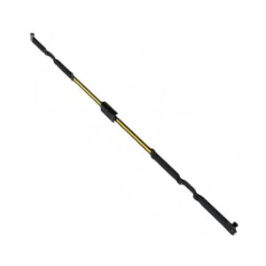 Telescopic fishing rod with yellow accents and black grips, extended on a white background.