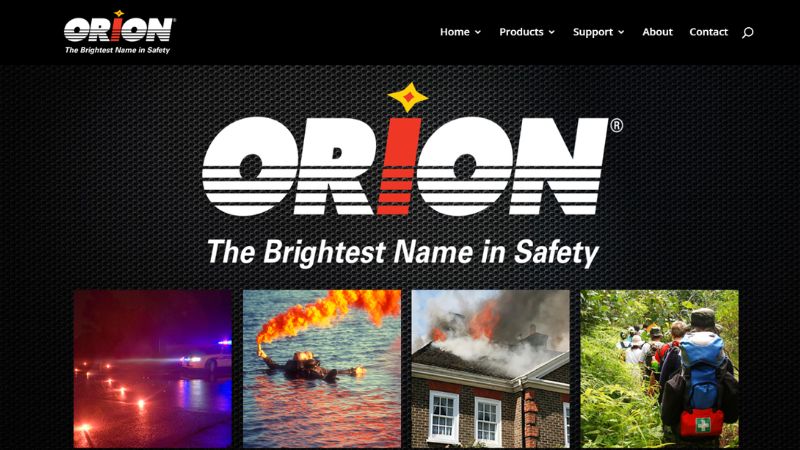 Orion Safety Products のホームページ: 緊急事態と救助の画像を掲載した「安全性の最も輝かしい名前」。