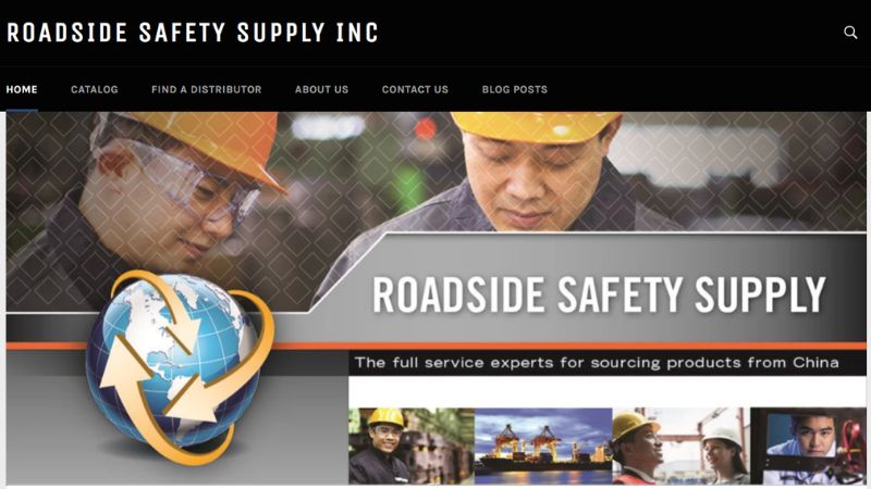 Roadside Safety Supply Inc. のホームページには、ロゴ、安全装備の画像、メニュー オプション (カタログ、FAQ、会社概要、お問い合わせ、ブログ) が掲載されています。