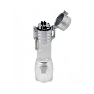 A silver rechargeable flashlight lighter with a hinged cap and textured grip is shown on a white background.