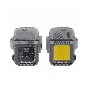 Two square rechargeable lighter with flashlight: one with a visible circuit board, the other with a yellow grid pattern, both covered in plastic.