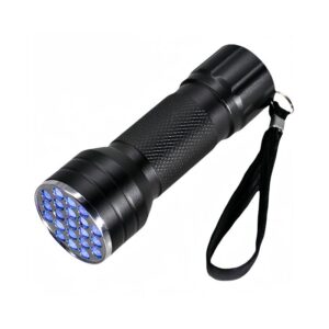 Black light flash light with textured grip, multiple LEDs, and wrist strap.