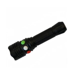 A multi color flashlight with red, green, and white buttons.