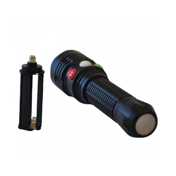 Black handheld flashlight with red and green side buttons, plus an adjacent battery holder.