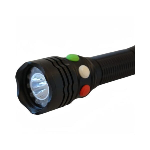 A black flashlight with a ribbed handle and three buttons—green, white, and red—near the head.
