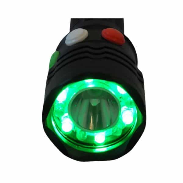 A black flashlight with a green LED, surrounded by small green lights and red, green, and white buttons on the body.