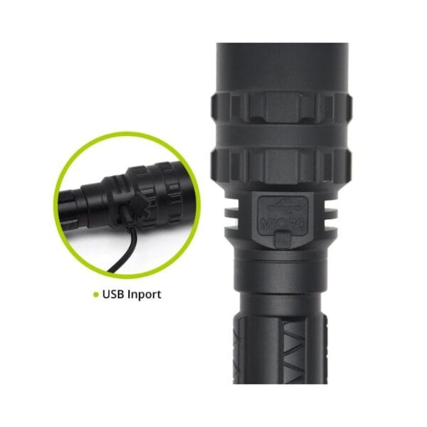 Close-up of a black flashlight's USB port connected to a cable, with an inset showing the same port labeled "USB Import" from another angle.