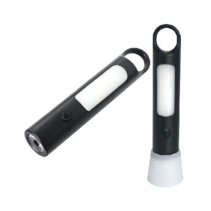 Two black handheld flashlight with rechargeable battery: one horizontal showing side light, the other upright with a conical base.