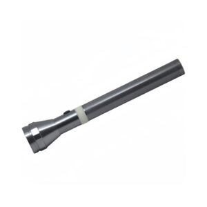 A silver metal long distance flashlight with a cylindrical body and wider head against a white background.