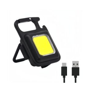 Black LED cob flashlight with stand, yellow light panel, and USB charging cable.