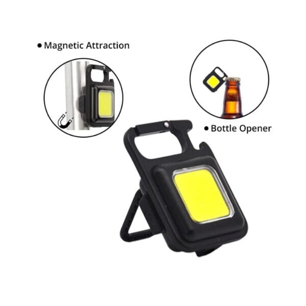 A black multi-functional device with a bright yellow light, foldable stand, bottle opener, and magnetic attraction.