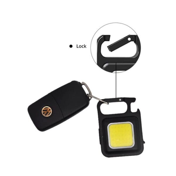 Close-up of a black car key with detachable LED keychain, and an inset showing the lock mechanism.