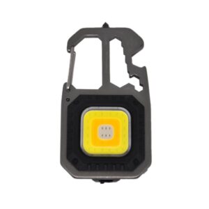 Rectangular multi-tool with a central smallest and brightest flashlight and metal body featuring a dark inner frame.