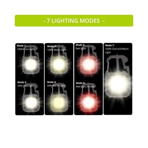 Image showing 7 lamp modes: 100% cool, 100% warm, red, 50% cool, strobe (cool/warm), and combined cool & warm.