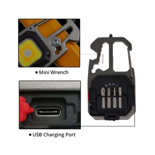 Compact multi-tool with a mini wrench, USB port, and small bits in a built-in compartment.
