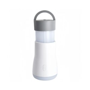 A white and gray portable LED lantern with a handle on top and a front power button.