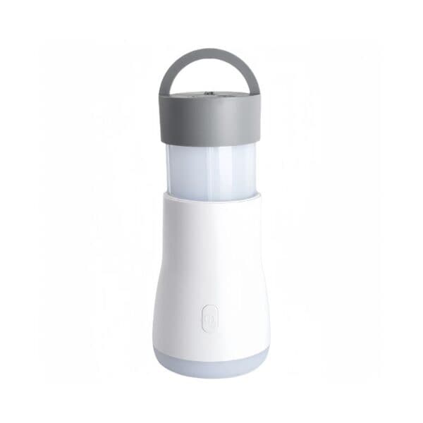 A white and gray portable LED lantern with a handle on top and a front power button.