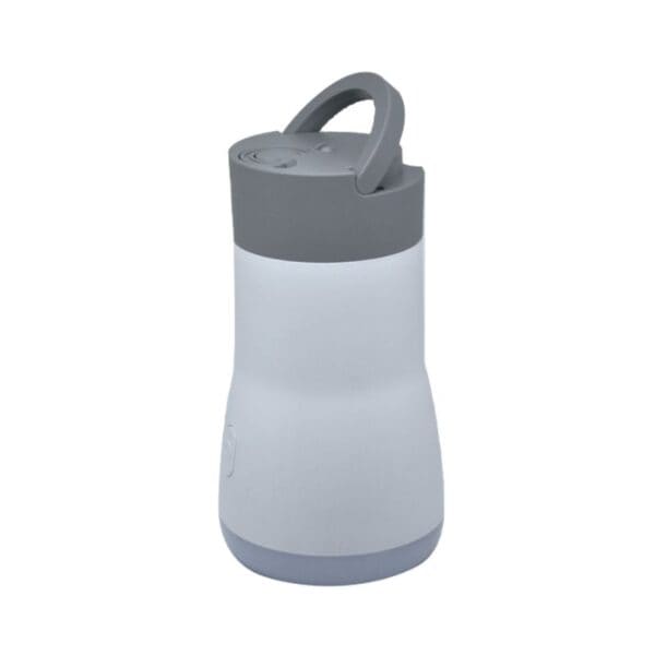 Gray and white insulated water bottle with lid handle.