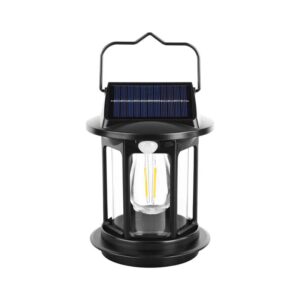 A black solar-powered lantern with handle, LED bulb, and top solar panel.