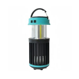 A black and teal portable solar bug zapper light with a handle, cylindrical design, and grill-like bottom.