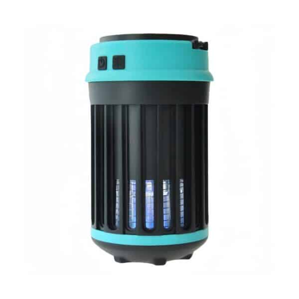 A black and turquoise cylindrical bug zapper with ribbed design and glowing blue lights.