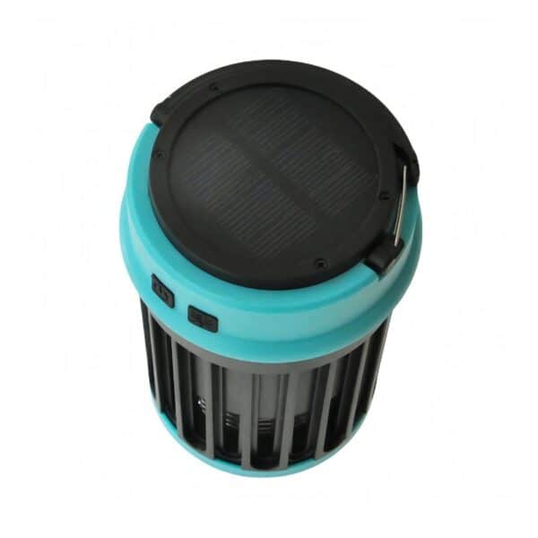 A blue and black cylindrical device with a top solar panel and side protective grid.