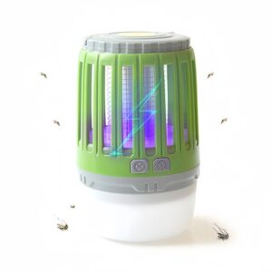 Green and white led mosquito killer lamp, surrounded by mosquitoes.