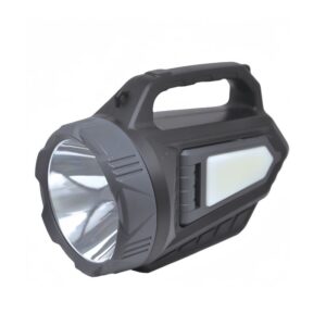 A black portable spotlight with stand and ergonomic handle.