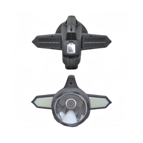 Top and front views of a black outdoor floodlight with wide-angle LED lights and motion sensor.