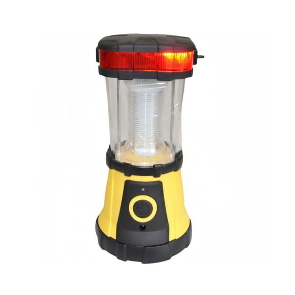 A yellow and black battery-operated camping lantern with a transparent body and red top.