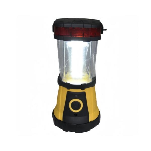 A yellow and black portable LED lantern with a cylindrical light chamber and a top handle.