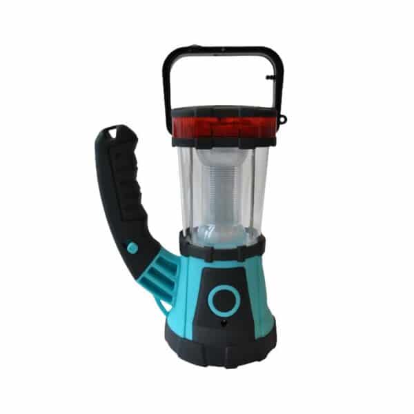 A blue and black handheld lantern with a cylindrical glass body, a top handle, and a red accent near the top.