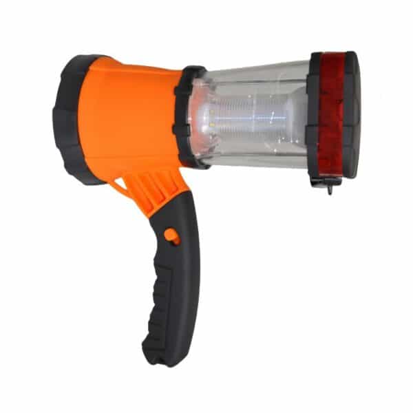 An orange and black flashlight with a transparent cone light cover and a trigger-style power button.