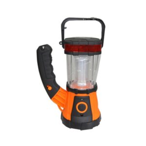 Orange and black lantern with handle, clear casing, and red details.