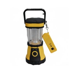 Yellow and black camping lantern with handle and detachable remote.