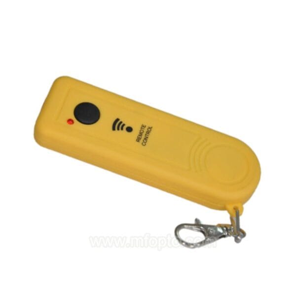 A yellow keychain remote with a black button, red LED, and metal clip.
