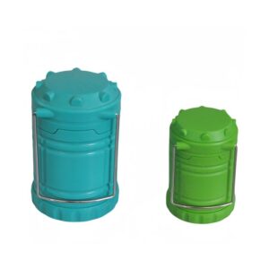 Two stackable canisters: one blue, one green. Both have handles and screw-on lids.