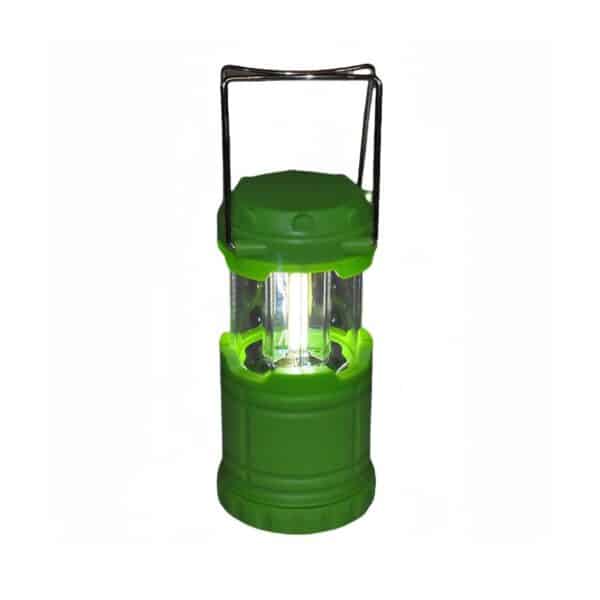 A green LED camping lantern with a transparent middle, showing bright light. It has a top handle for easy carrying.