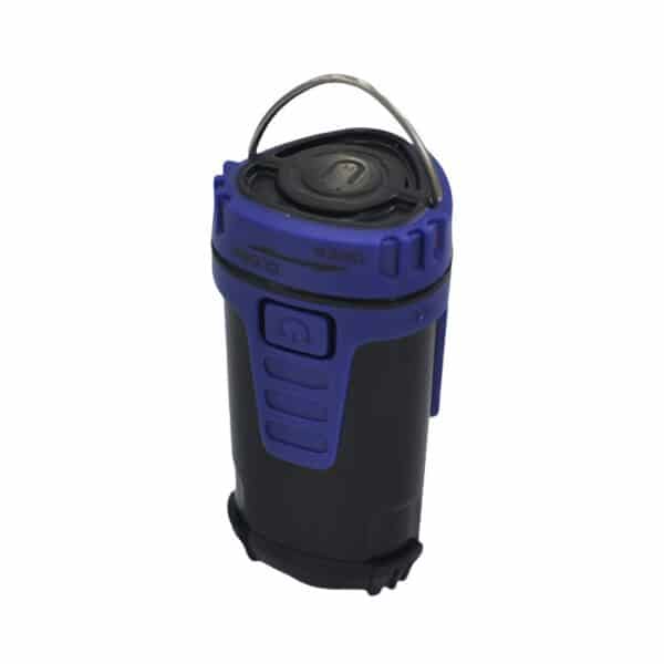 A cylindrical black and blue camping lantern with a top handle.