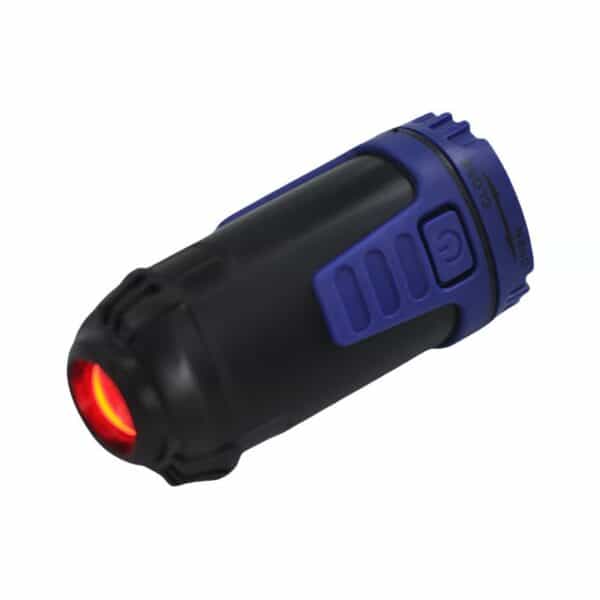 A small black and blue flashlight with a red lens and side button.